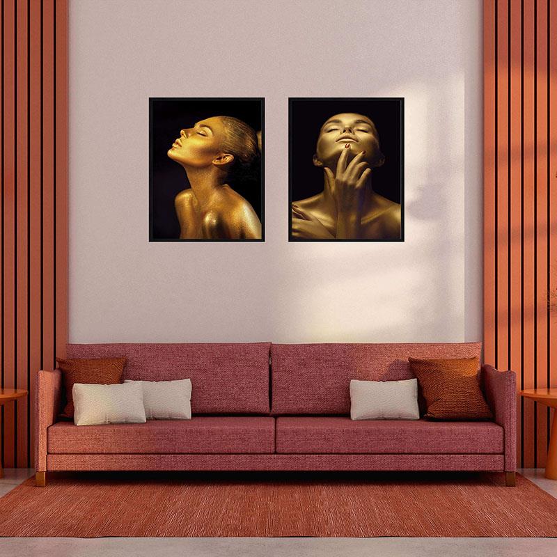 Duo Quadros decorativos Mulher Dourada, várias opções de cores e tamanhos de molduras