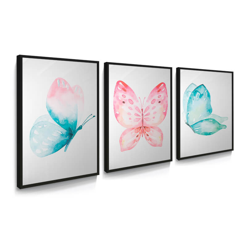 Decorativo com Trio de Quadros Borboletas, tem imagem de uma linda borboleta colorida em aquarela, em cada quadro.