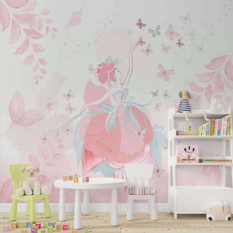 Papel de Parede "Fada Rosa". Este papel de parede delicado apresenta uma deslumbrante estampa de fadas encantadoras e borboletas mágicas, tudo em um fundo rosa suave e aquarelado. Com tons suaves e detalhes encantadores