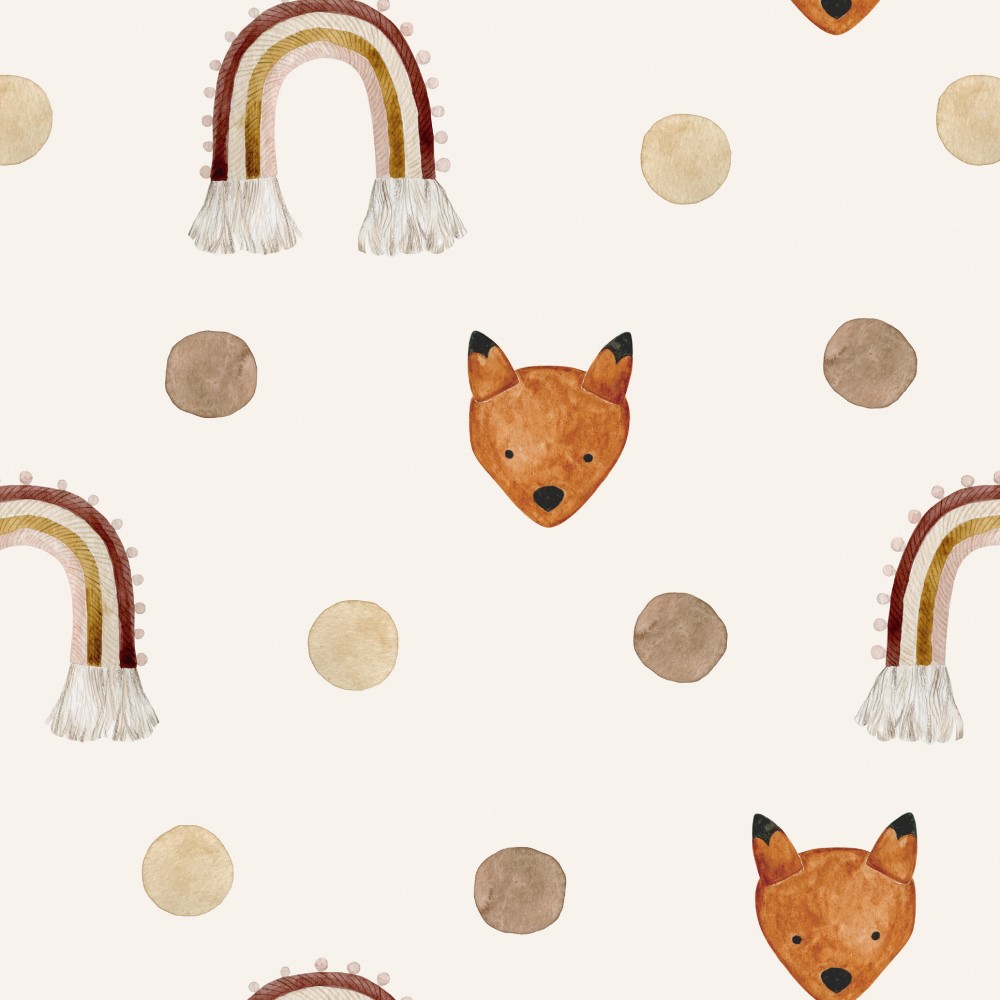 para papel de parede Boho fox, com estampa de raposas, poá e arco-íris, com estilo boho