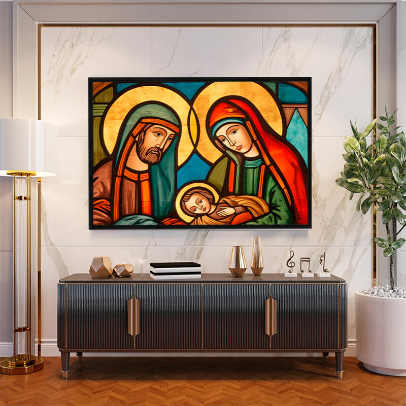Quadro Decorativo Sagrada Família com desenho geométrico colorido