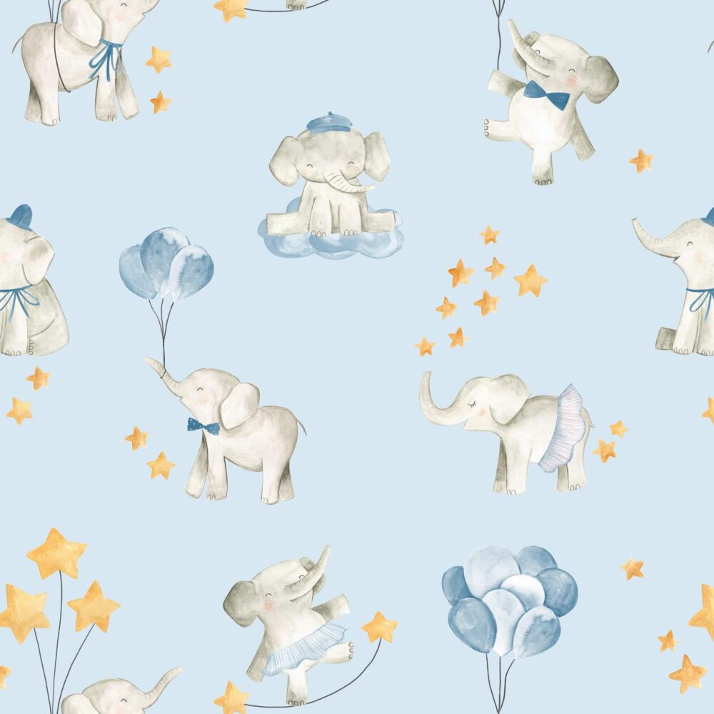 papel de parede elefante e balões, possuí imagem de lindos elefantes segurando balões azuis, possuí também fundo azul claro