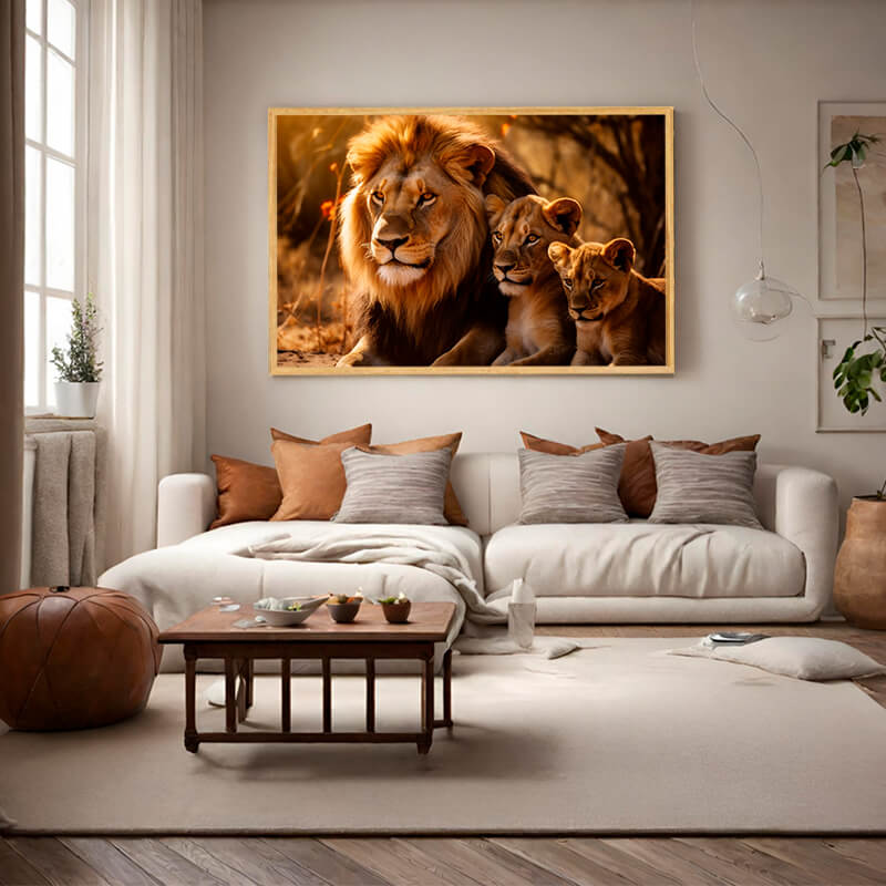 quadro decorativo de nome reino selvagem, com imagem de uma família de leão em uma savana africana