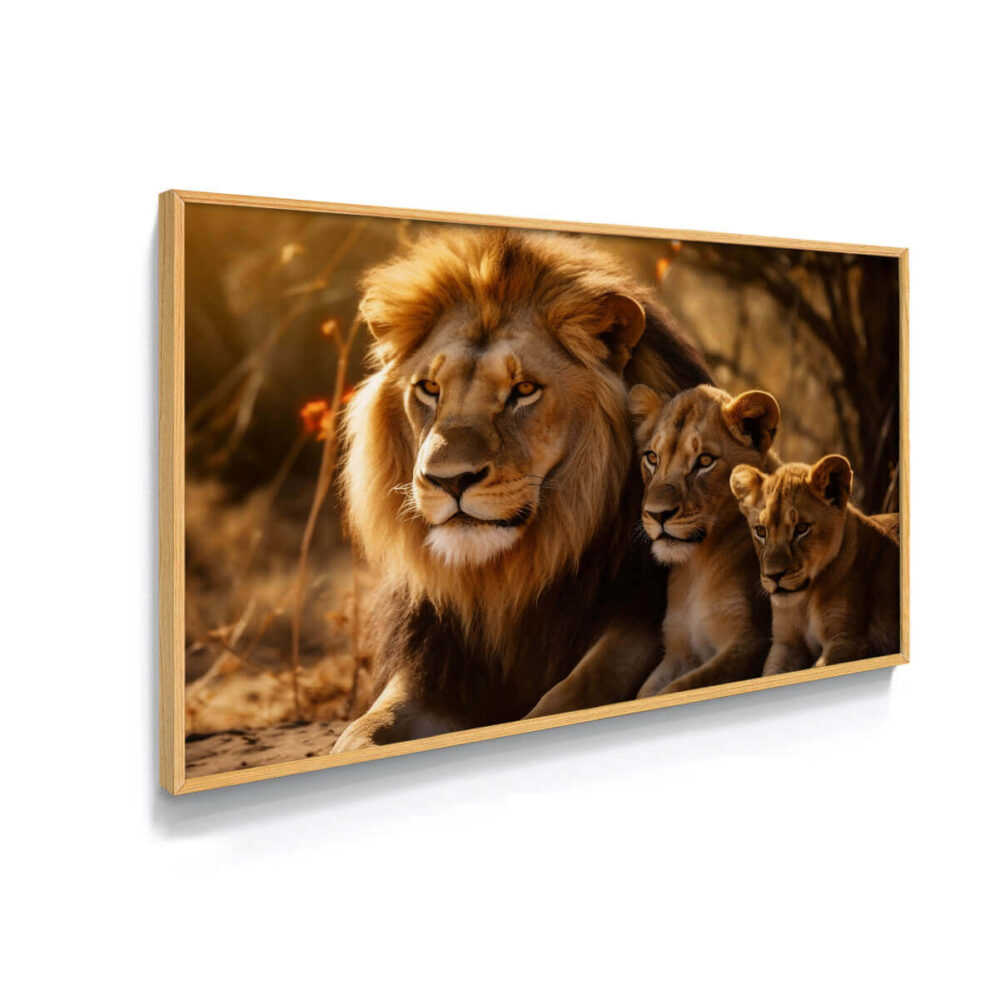 quadro decorativo de nome reino selvagem, com imagem de uma família de leão em uma savana africana