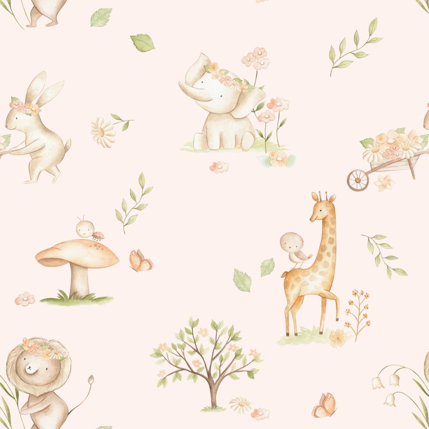 Papel de parede rosa encantado, com estampa de girafas, elefantes, coelhos, leões, joaninhas em cima de cogumelos, borboletas e árvores, tudo isso composto por um fundo rosa claro queimado