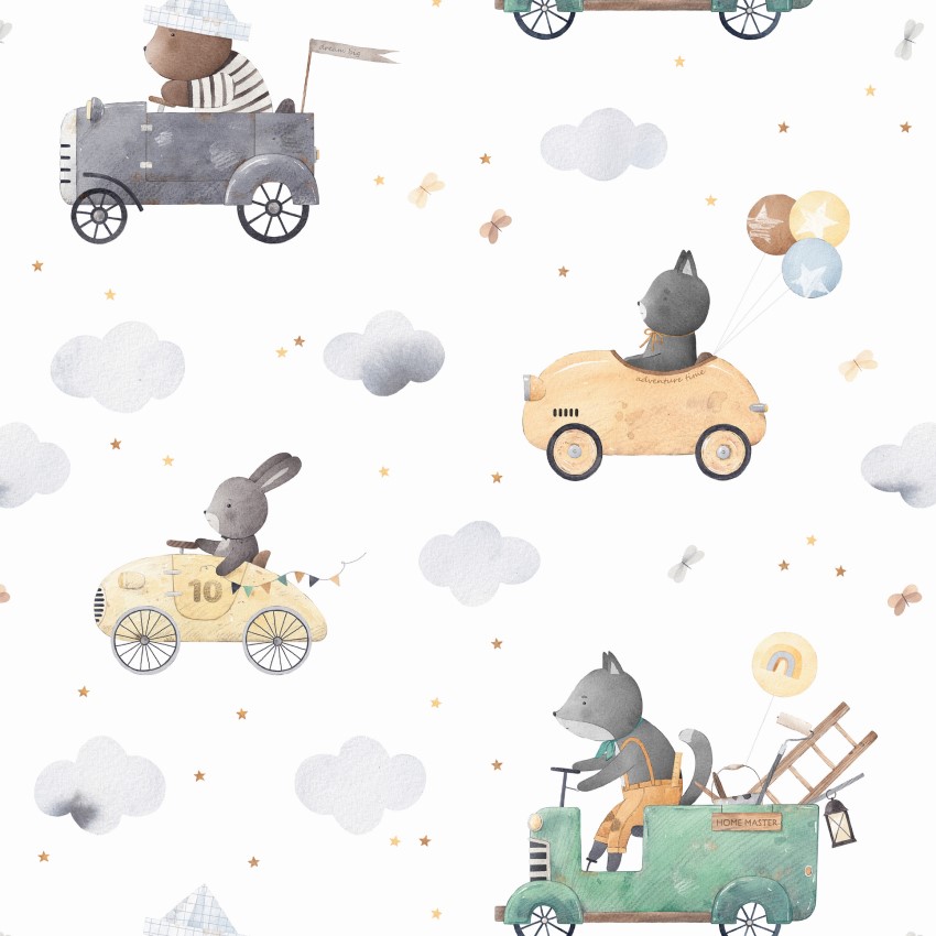 Papel de parede carros boho, com estampas de rapozas, ursos e coelhos dirigindo carros, tudo isso com um fundo cheio de nuvens e borboletas e estrelas