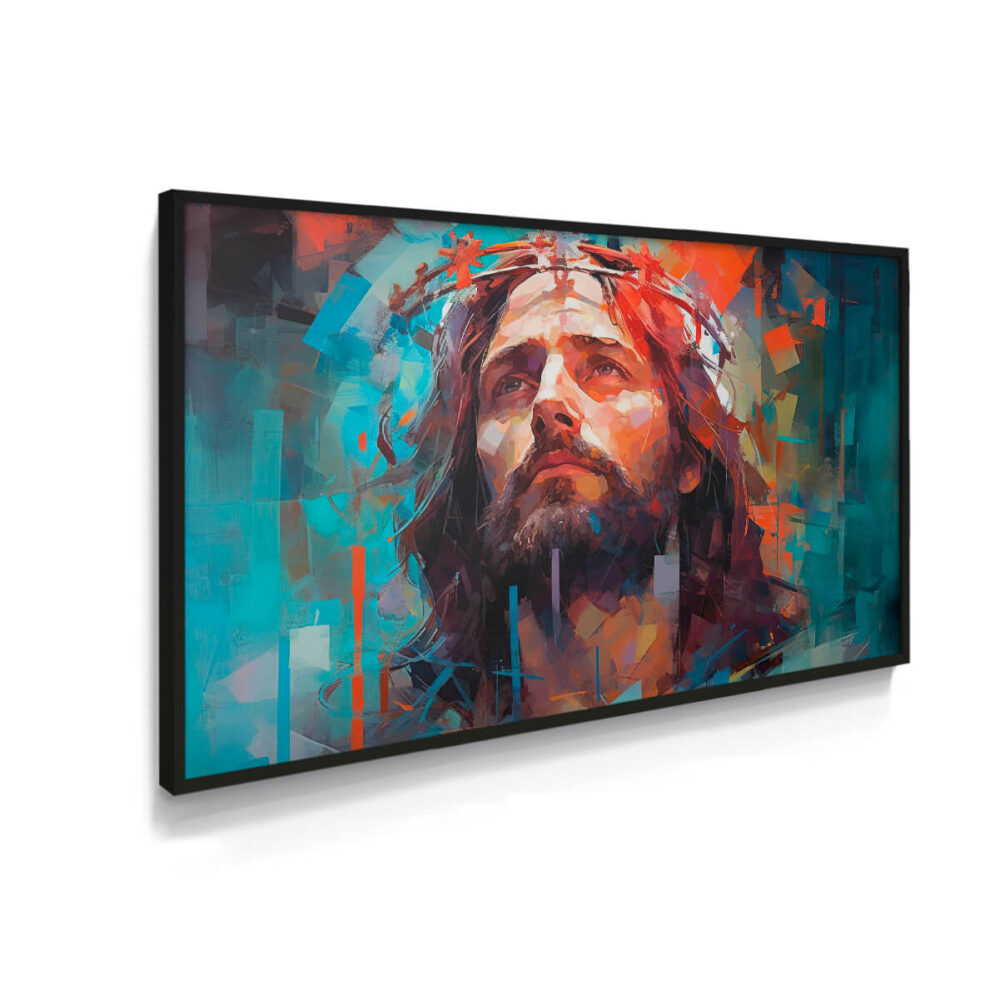 Quadro Jesus arte pop, com imagem do rosto de Jesus olhando para o alto, com sua coroa de espinhos, isso todo envolto varias cores, em um estilo pop arte