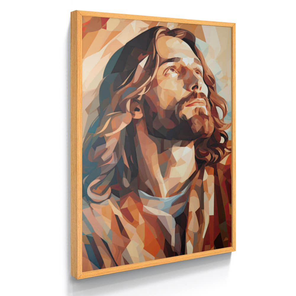 Quadro serenidade celestial com imagem de Jesus olhando para o alto, com cores em tons pasteis e estilo arte moderna