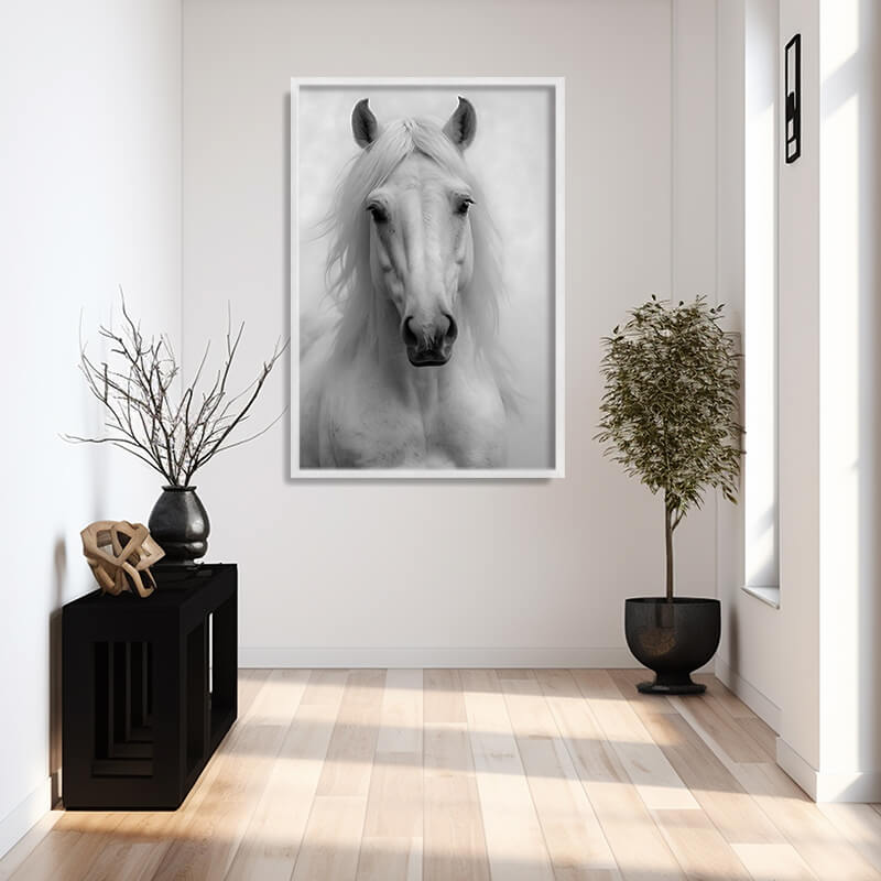 Quadro Decorativo Cavalo Branco, com imagem de um majestoso cavalo branco