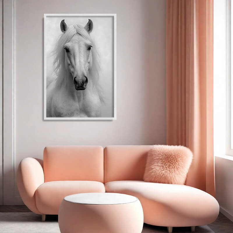 Quadro Decorativo Cavalo Branco, com imagem de um majestoso cavalo branco