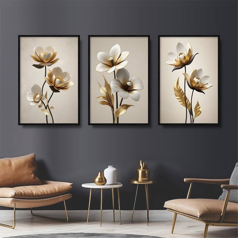 Trio Flores 3D, quadros decorativos com imagem de flores brancas e durado