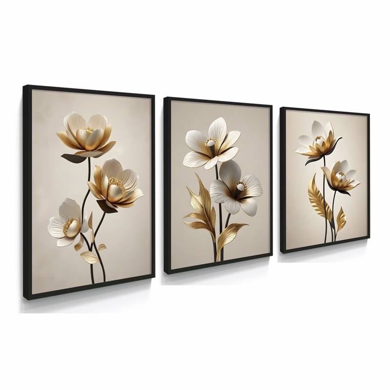 Trio Flores 3D, quadros decorativos com imagem de flores brancas e durado
