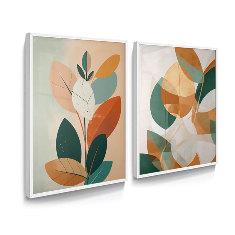 Duo Folhas Vivas, duo de quadros decorativos com imagem de folhas coloridas e aquarela